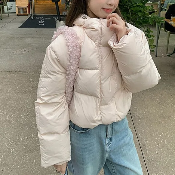 

Women's Light Pink Cropped Cotton Jacket Cozy Winter Short Coat With Hood Casual Cold Weather Daily Streetwear Women Jacket Tops