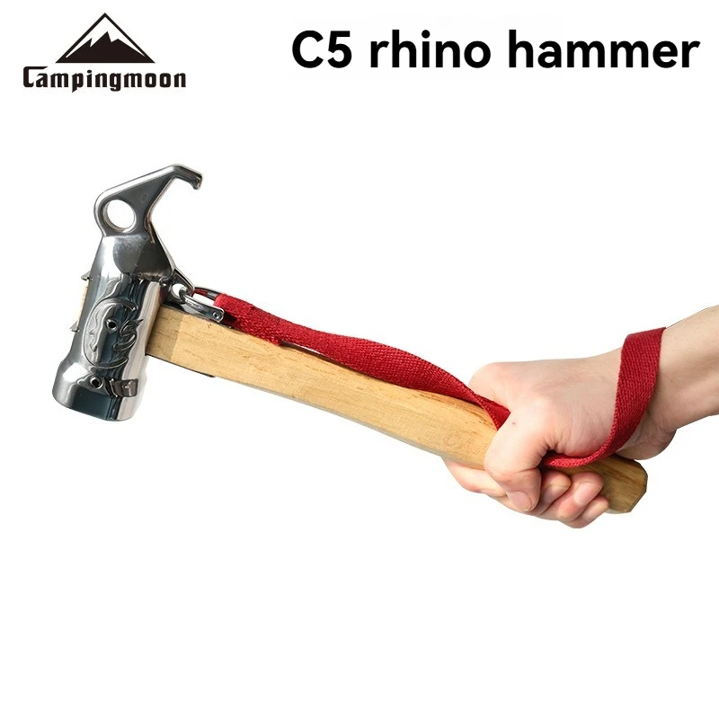 C5 Outdoor Camp Hammer Stainless Brass Head Steel Wooden Handle Fixed Tent Nail Peg Stake Remover Rhino Hammer With Safety Rope