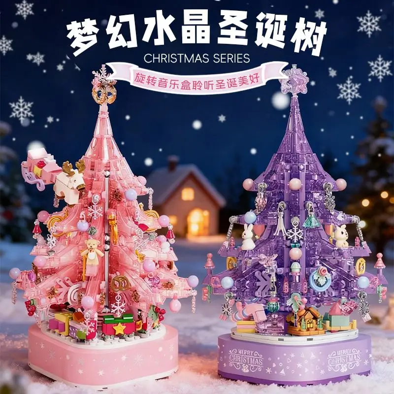 Sembo bloco árvore de natal caixa de música de cristal blocos de construção brinquedo educativo para meninas presente de natal