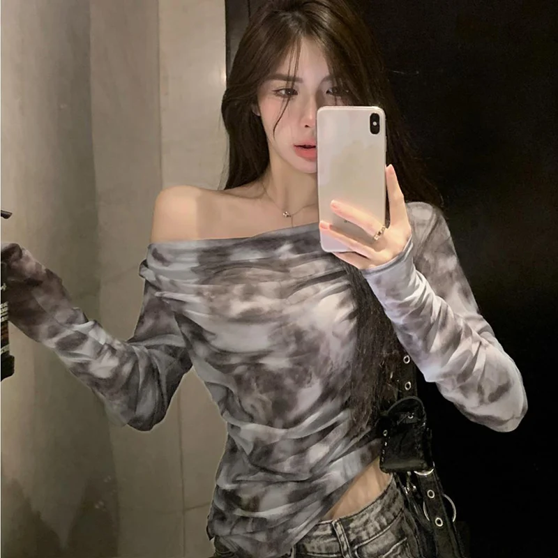 Rimocy Streetwear Y2K Tie Dye Printed Shirts Women 2024 Sexy Off Shoulder Chiffon Blouse Woman Long Sleeve Sun-Proof Crop Tops