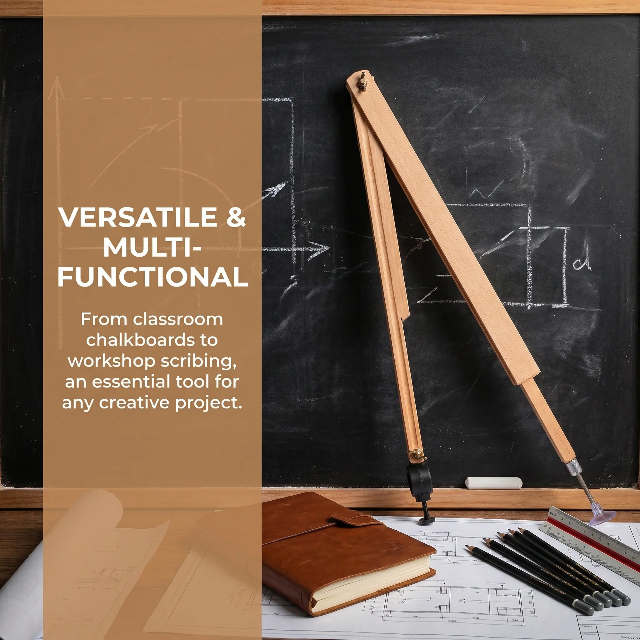 Wooden Teaching Compass Adjustable Radius Large Circle Drawing Tool Blackboard Drafting Compass for Classroom Demonstration Math