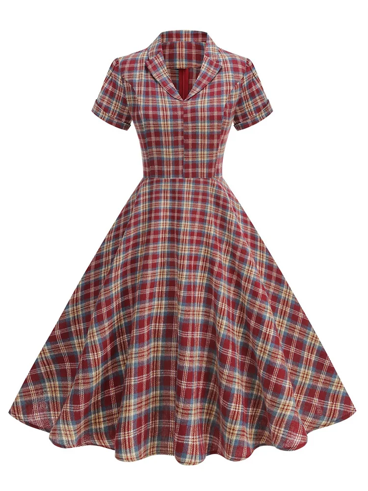 Sukienka midi w stylu angielskim z nadrukiem w kratę, vintage, retro, elegancka, codzienna, z krótkim rękawem, tunika koszulowa, sukienka wieczorowa z wybiegu, jesień 2025.