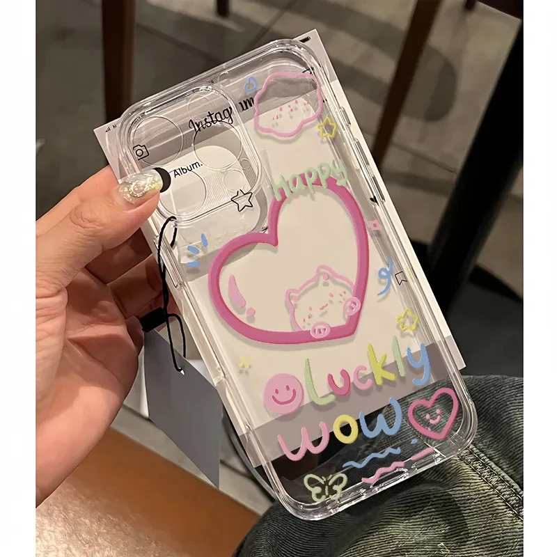 NEW Colorful Love Pink Girl Phone Case For iPhone 15 14 13 12 11 Pro Max XR XS MAX 7 8 Plus Happy Lucky Y2K Soft Anti Fall Cover