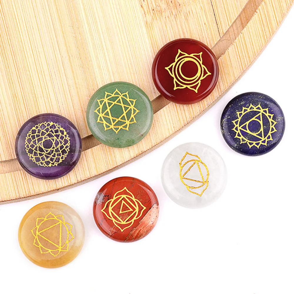

Engraved 7 Chakras Symbol Crystal Stones Natural Reiki Healing Crystals Gemstones Polished Tumbled Kit Meditation Home Decor