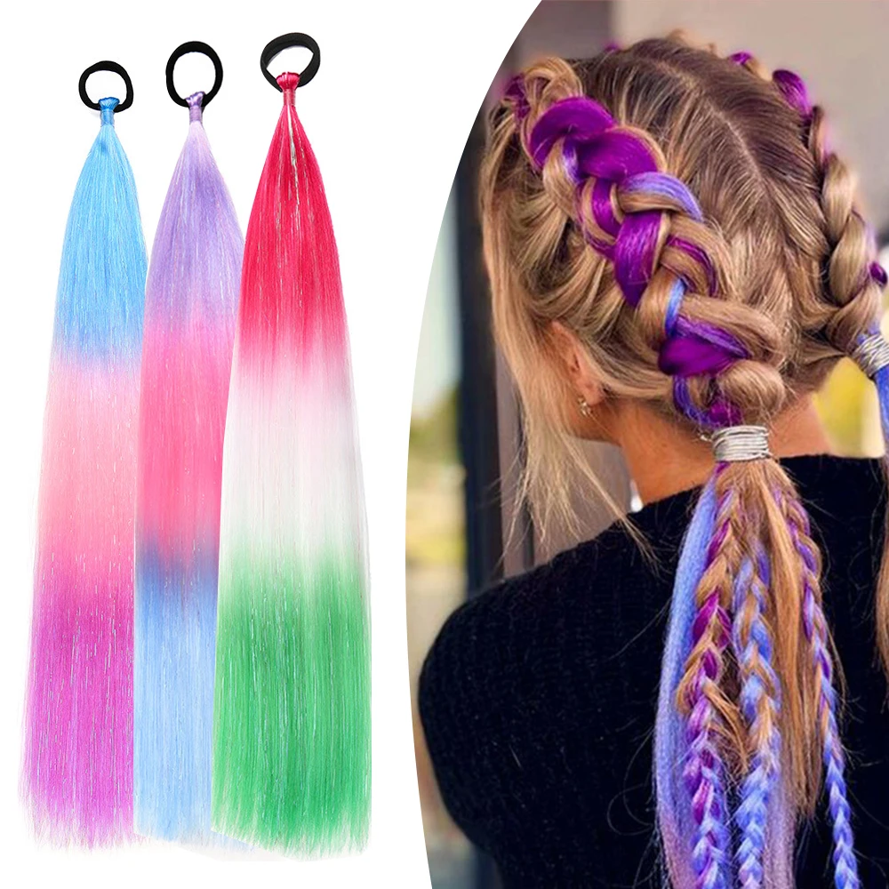 24-Inch Rainbow Ombre Glitter Braids Silky Straight Synthetic Hair Extensions with Sparkle Tinsel Ponytail Wrap