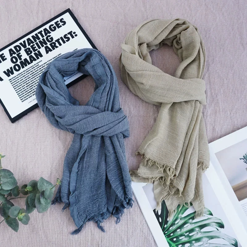 

Vintage Solid Color Cotton Blended Scarf Spring Long Sun Protection Shawls for Women and Men