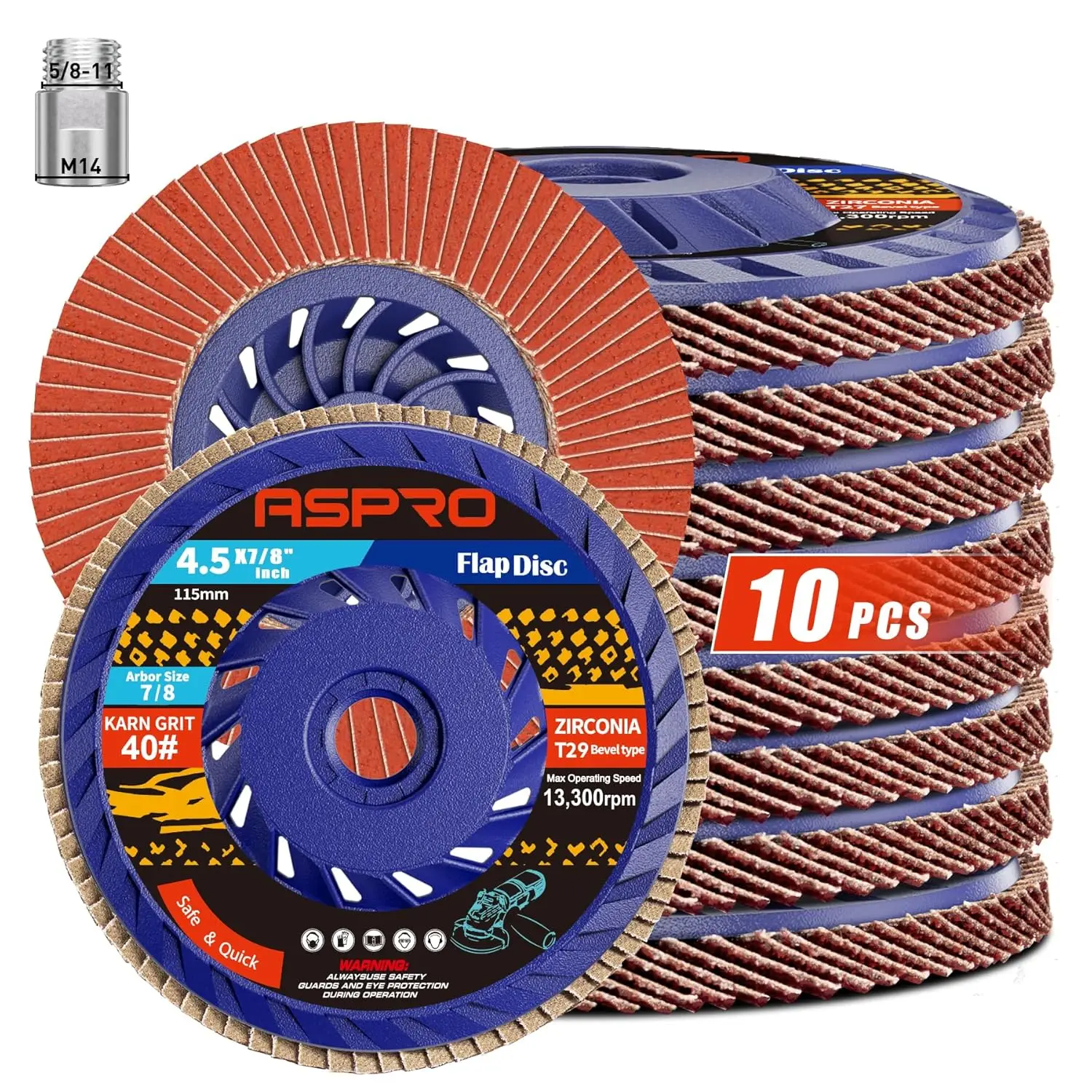

40 Grit Flap Discs 4.5" for Angle Grinder, T29 Zirconia Grinding & Sanding Wheel for Metal/Wood, 10 Pack