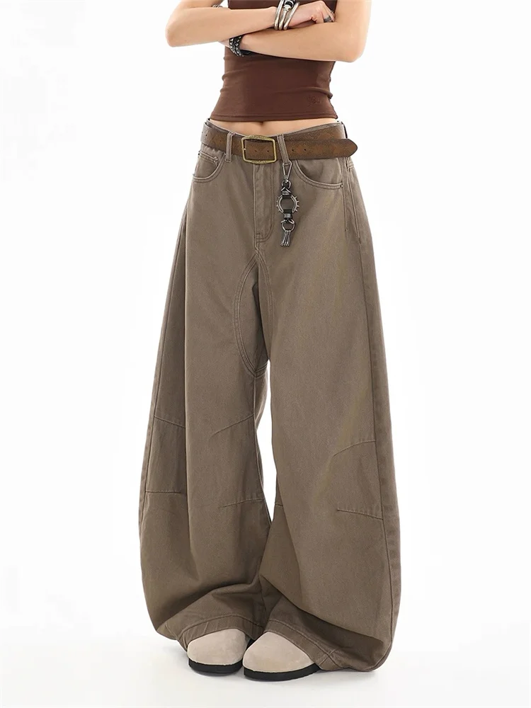 American Vintage Curved Design Washed Hem Jeans for Women Summer Casual Loose Draped Straight Wide Leg Trousers