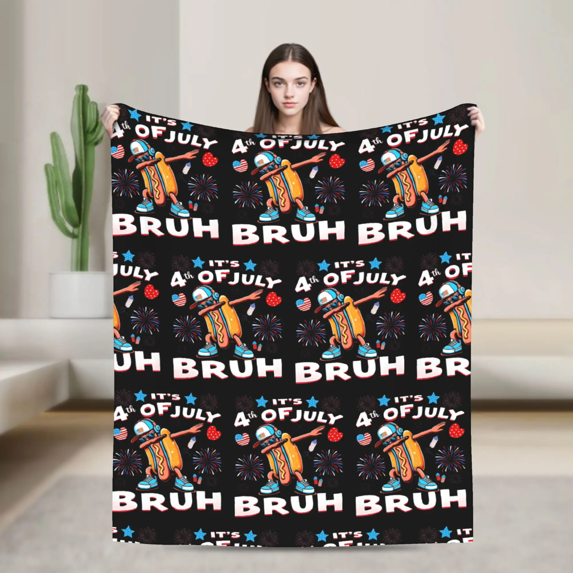 

Warm Soft BlanketChildren Camping Bruh Hot Dog 4th Of July Throw Blanket Flannel Bedspread For Bedroom Funny Sofa Bed Cover