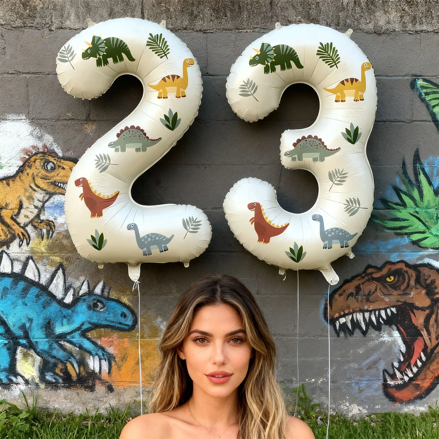 32-inch cream white number balloons with dinosaur stickers, suitable for birthday party decorations, weddings, adult events, and