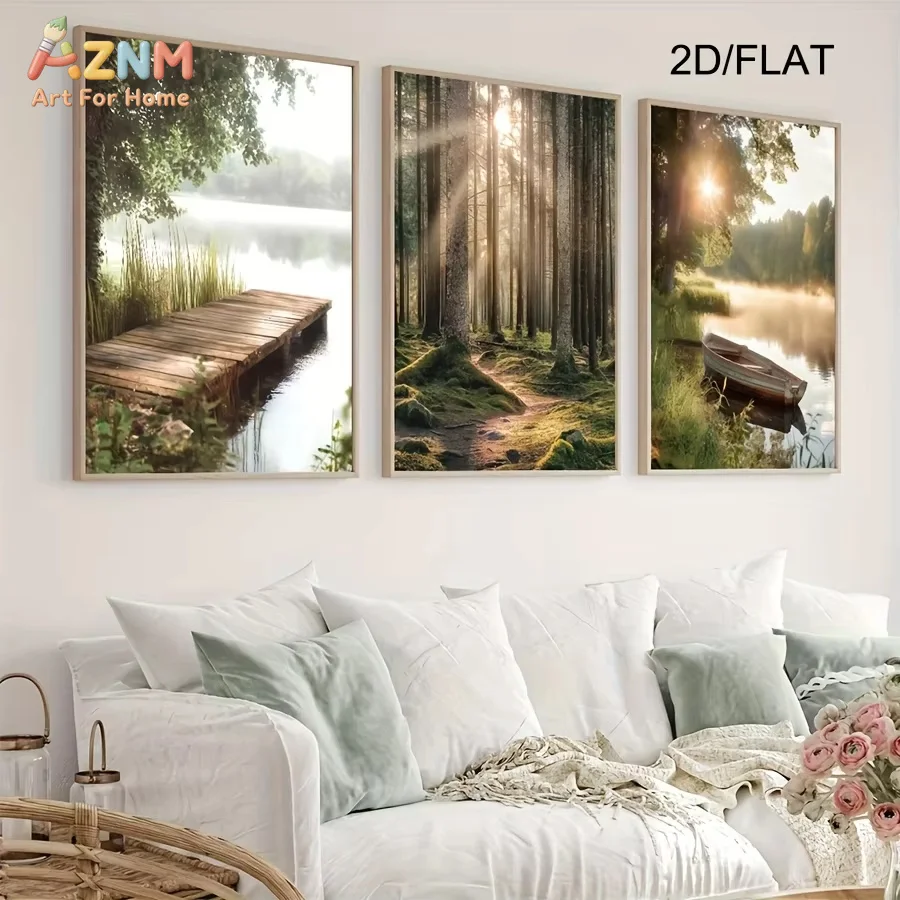 AZNM 3pcs Set Modern Rustic Landscape Canvas Art Prints Geometric Triptych Wall Posters - Serene Lake and Wooden Canoe Na