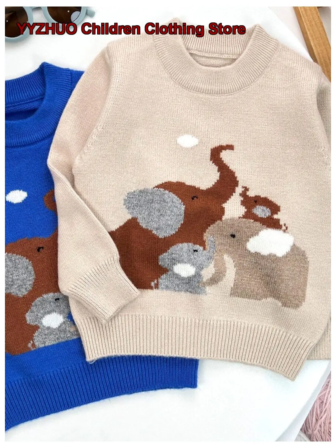 Boys Cartoon Print Knit Top Kids Autumn Winter Cashmere Knit Top Cute Style Solid Color
