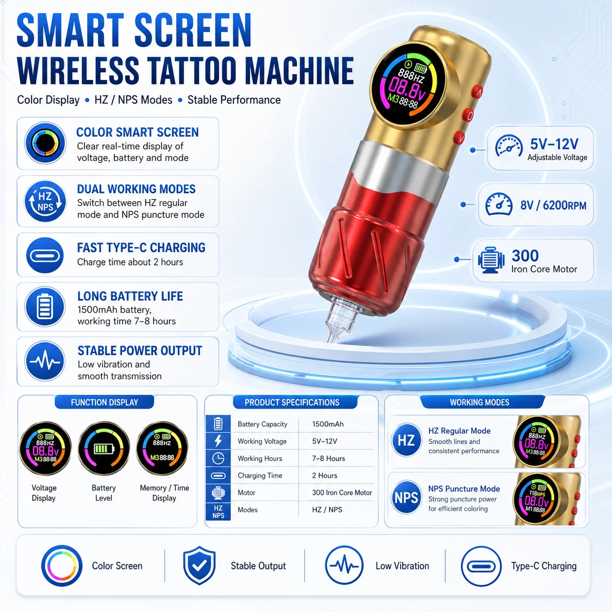 Wireless Tattoo Machine Pen Smart Color Screen HZ NPS Modes 1500mAh 5V-12V 6200RPM Rotary Tattoo Pen for Artists