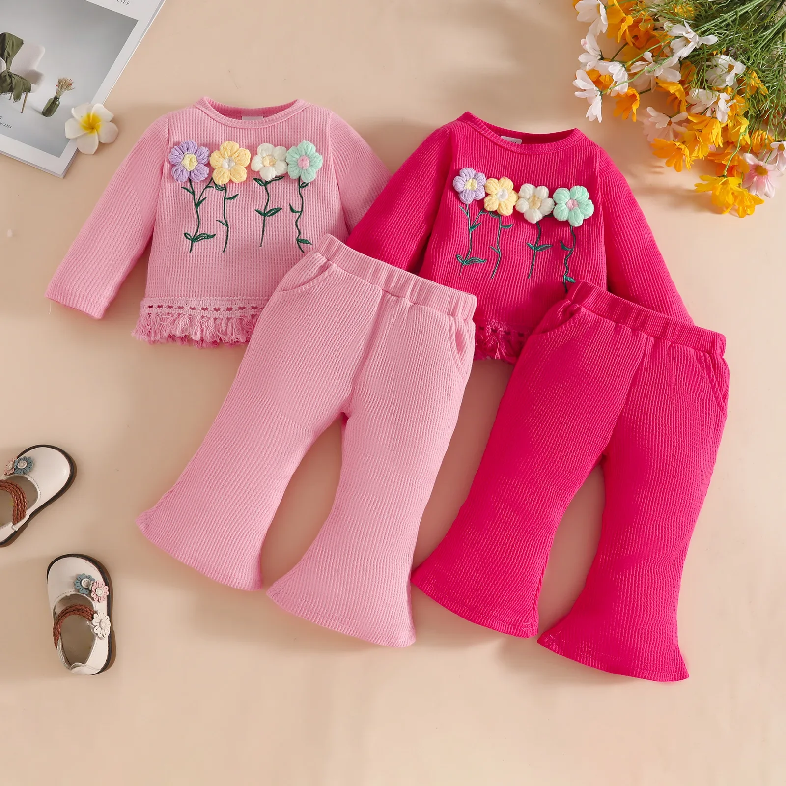 

Toddler Baby Girl Outfit Set 0-3Y Baby Clothing 3D Flower Fringe Waffle Knit Top and Flared Pants Cute Casual Spring Autumn Wear