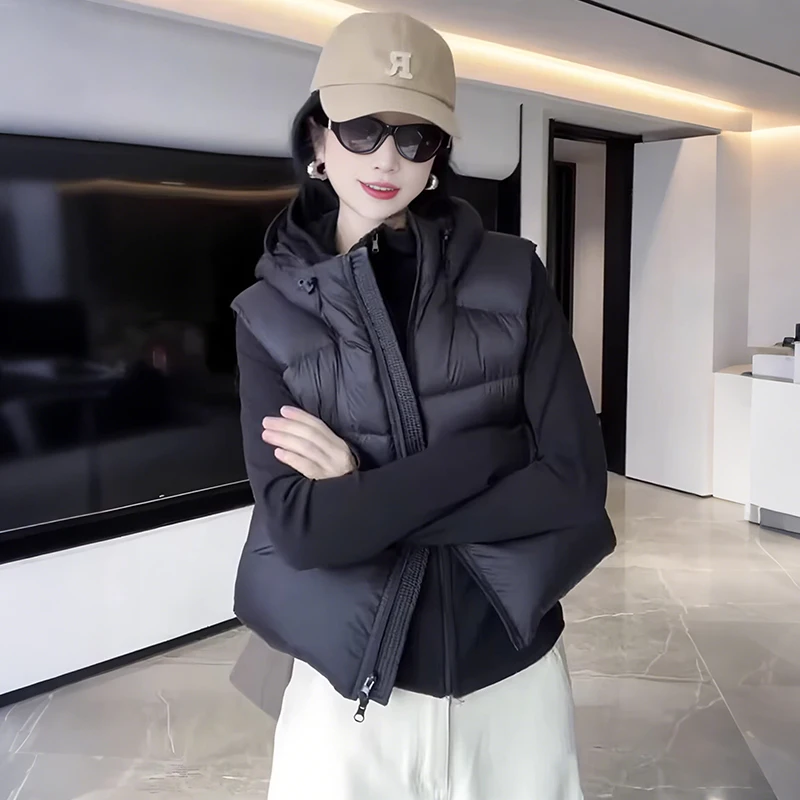 

Fashionable Hooded Short Cotton Vest Women's Outerwear Autumn Winter plus Size Puffy Shoulder Coat Korean Style Casual Cotton...