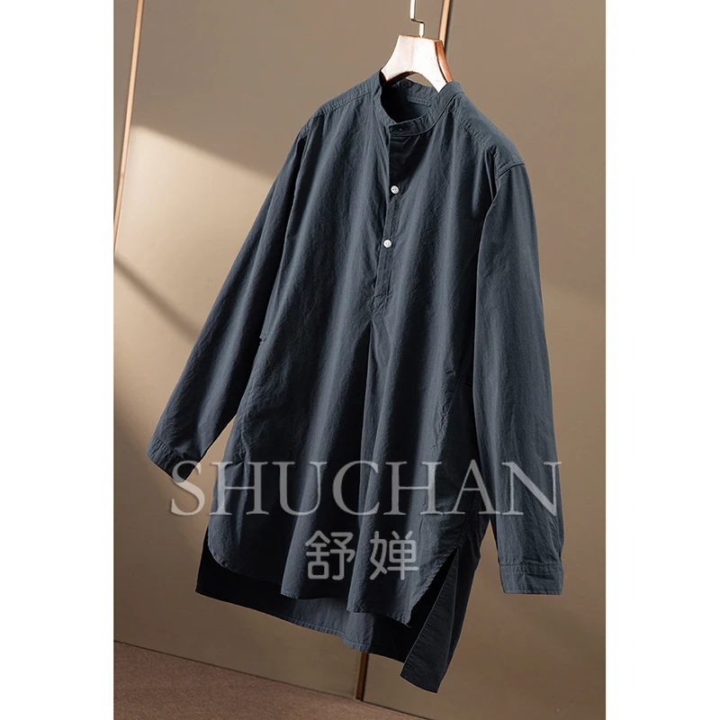 loose high style, early autumn pure cotton dark pattern fine grid small stand-up collar shirt women's 01E9 special