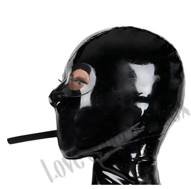

Women Men Latex Rubber Mask with Mouth Breathing Tube PVC covered Eyes Cosplay Hood Back Zip Handmade Headpiece