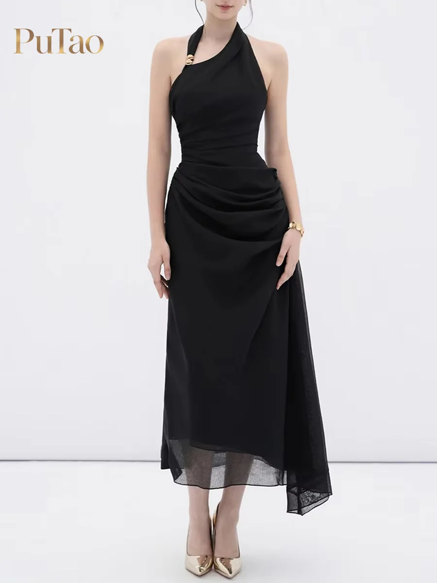 robe-midi-fluide-en-mousseline-noire-putao-avec-col-halter-boucle-doree-decorative-taille-froncee-drapee-ourlet-asymetrique-coupe-ajustee-ideale-pour-les-cocktails-et-soirees-formelles