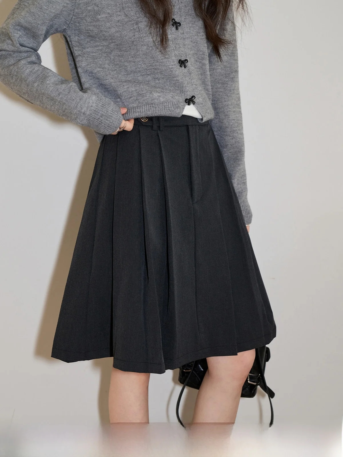 

Ele Bla High Waist Pleated A-Line Midi Skirt for Women Sli Commute Sle Spring New Faion Beautiful f-length S...