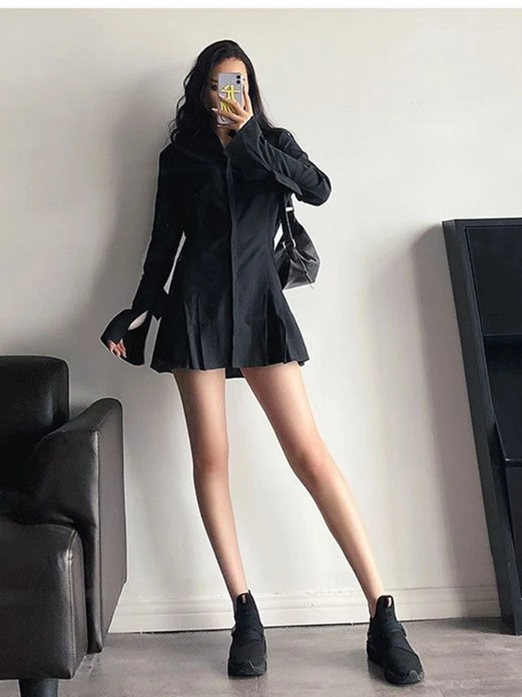 ZOKI Pleated Women Pleated Dress Long Sleeve High Waist Slim Ladies Shirt Dress Gothic Black Y2K Streetwear Vintage Mini Dress