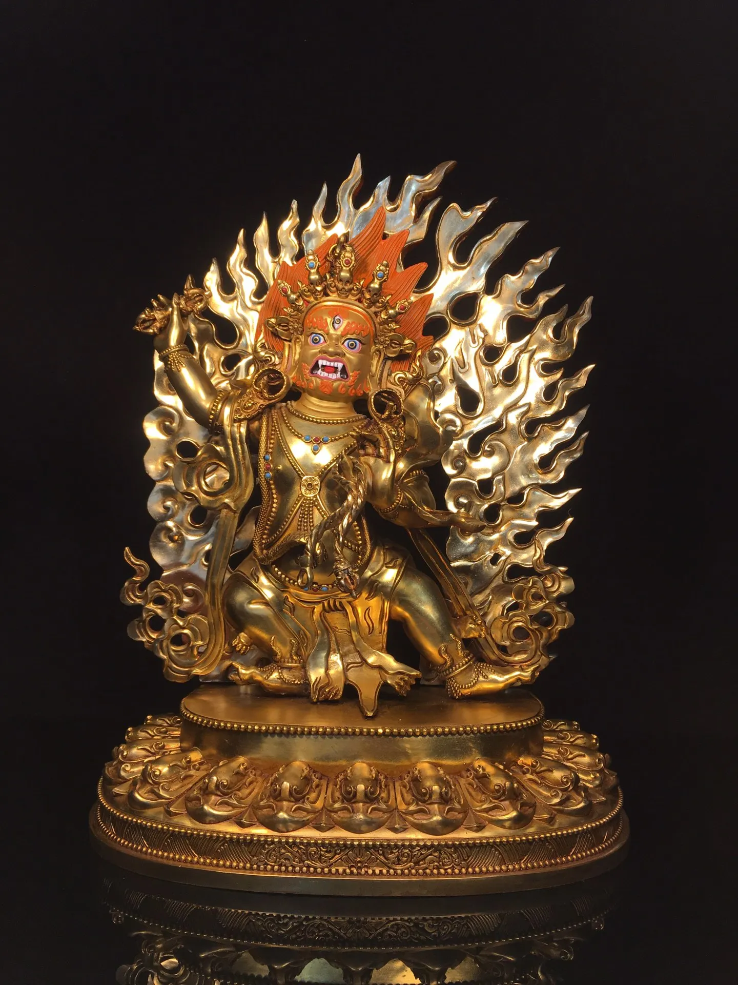 

19"Tibetan Temple Collection Old Bronze Gilded Cinnabar Backlight Vajrapani Bodhisattva Lotus Sitting Buddha Worship Hall