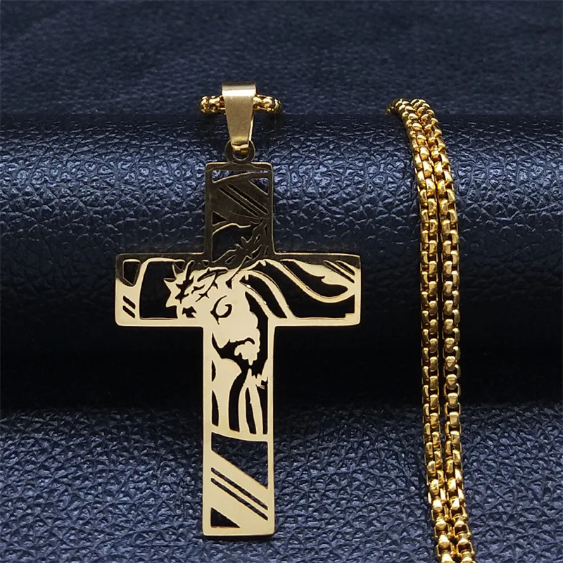 Hip Hop Punk Crown of Thorns Jesus Cross Necklace for Men Stainless Steel Gold Plated Crucifix Pendant Necklaces Jewelry