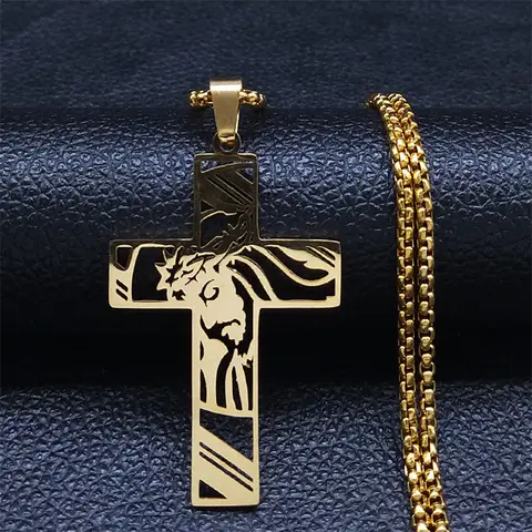 Hip Hop Punk Crown of Thorns Jesus Cross Necklace for Men Stainless Steel Gold Plated Crucifix Pendant Necklaces Jewelry