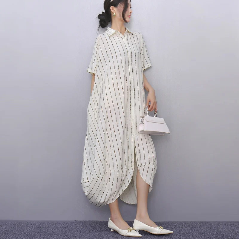 New 2025 Summer Woman Short-Sleeve Black Striped Shirt Dress Loose Fit Chic Big Size Casual Holiday Irregular Large Robe JKXD017