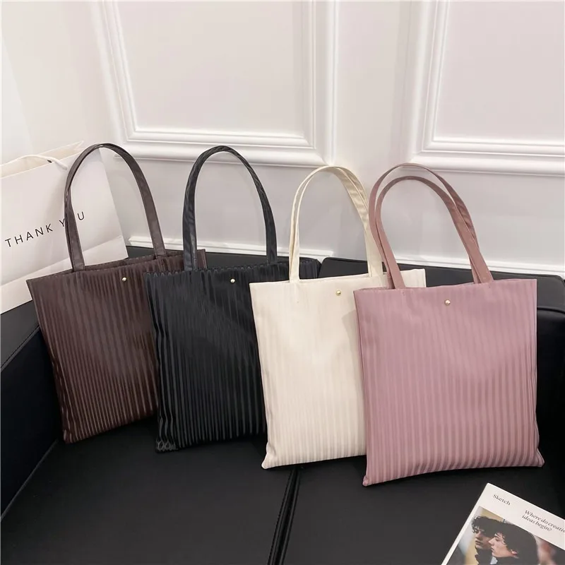 2024 New Wave Retro Tote Female Shoulder Bag Large Capacity Tote Bas Solid Color Striped Travel Fashion Ladies Shopper Bag