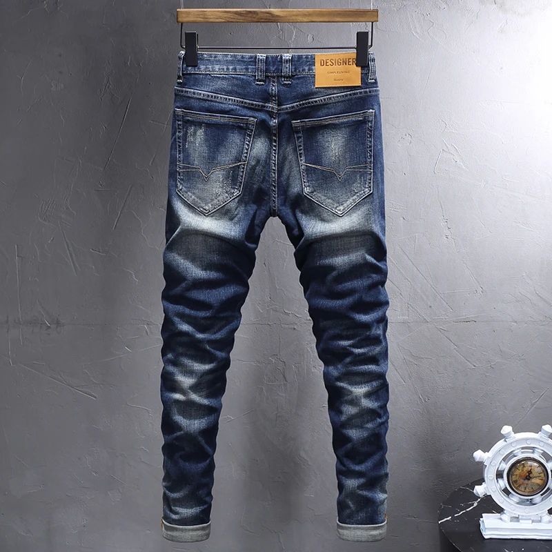 Italian Style Fashion Men Jeans Retro Dark Blue Elastic Stretch Slim Fit Ripped Jeans Men Vintage Designer Denim Pants Hombre