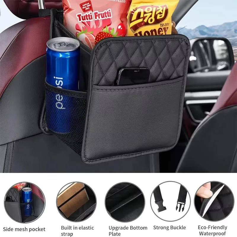 Car Multifunctional Storage Bag Premium PU Leather Front and Front Seat Car Storage Bag Waterproof Hanging Garbage Bag