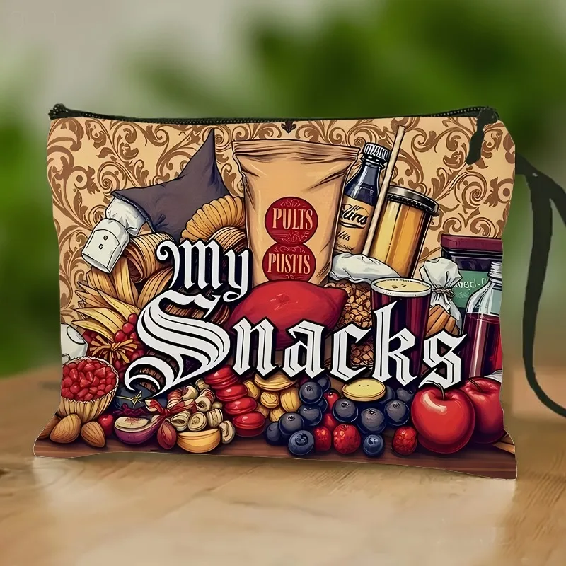 1pc Snack Print Travel Bag with Adjustable Strap - Lightweight Zippered Toiletry & Snack Case Suitable for Gym, Vacation, Daily