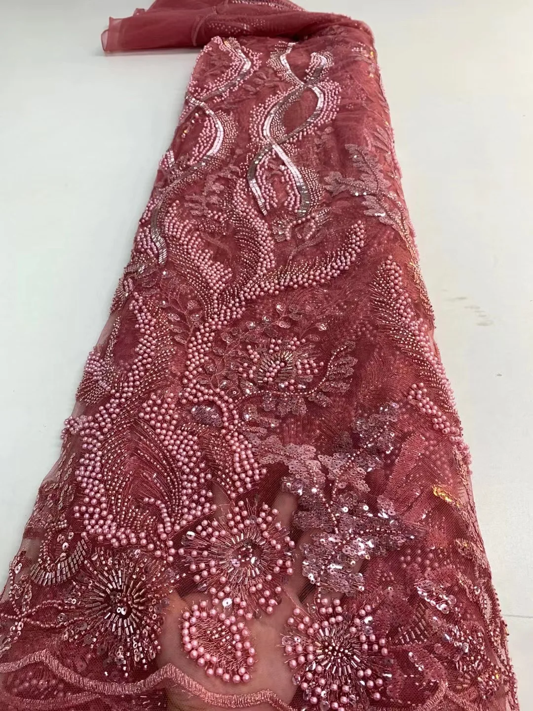 Big Heavy Rich French Tulle Lace Beaded Embroidery Mesh Fabric High Grade African Celebrants Sewing Clothes 5 Yards TS1267