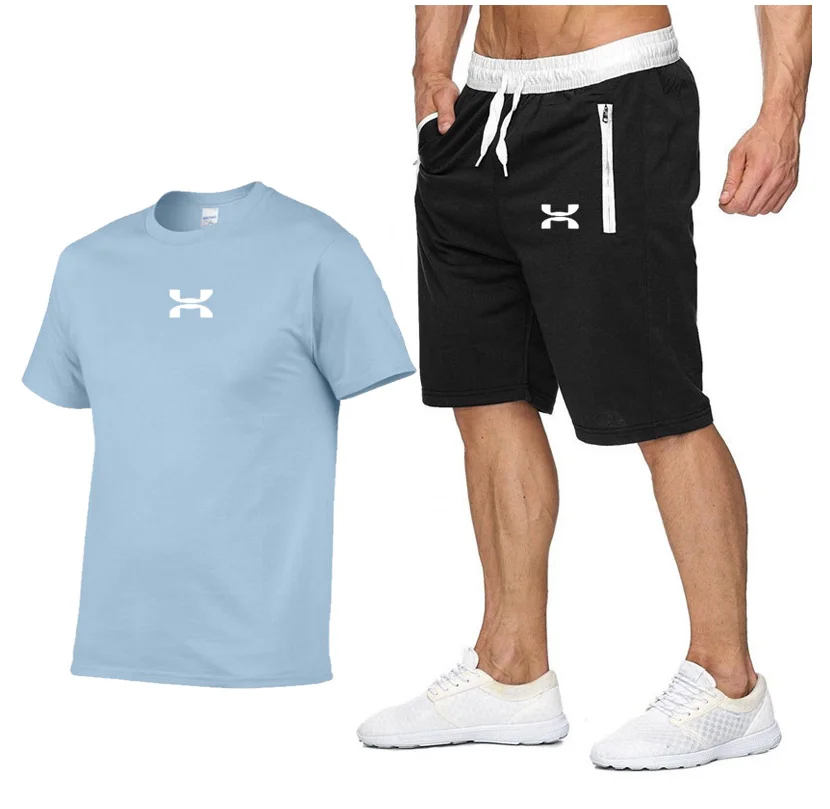 Summer New 100% Cotton Men's T Shirts Shorts 2Pcs Sets Suit Leisure Sportswear Gym Y2K Tracksuit Brand Clothes