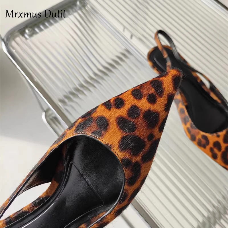 Mrxmus 2024 New Women Summer Fashion Horsehair Leopard Print Sharp Pointed Low Heels Sandals Elegant Temperament Shoes Female