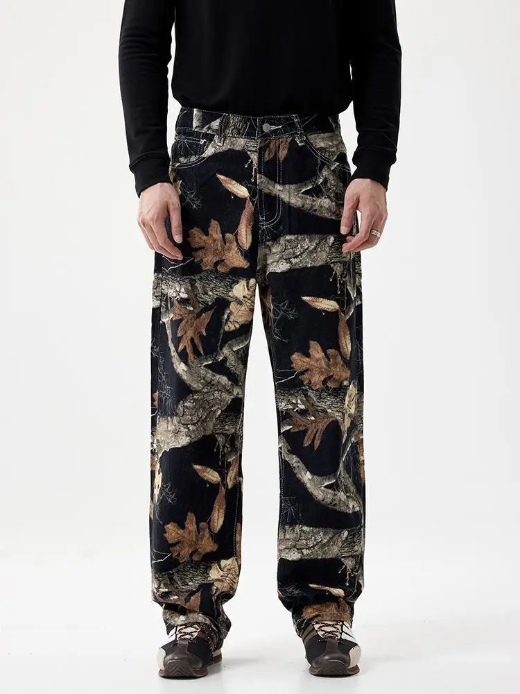 جينز رجالي مطبوع عليه جرافيتي أمريكي بأقليات واسعة الساق جينز فضفاض مستقيم متدلي عصري من القطن للربيع والصيف