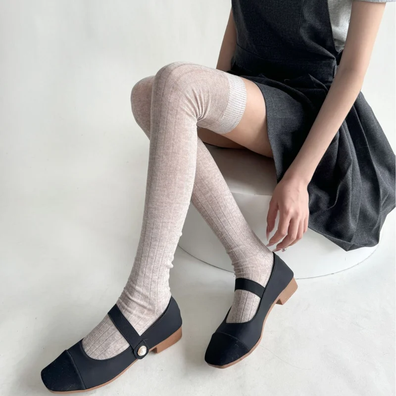 

Весенне-летние тонкие слегка прозрачные носки выше колена в широкую полоску, летние носки выше колена в корейском стиле с вертикальной полоской для похудения, высокая трубка S