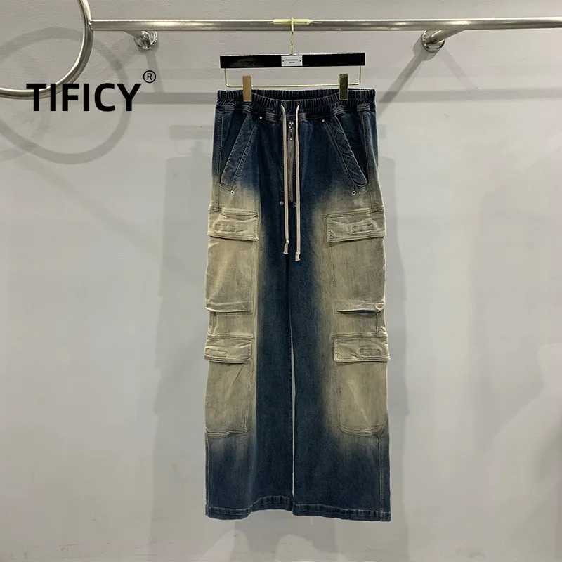 TIFICY High Street New Gradient Contrasting Wide Leg Denim Pants Men and Women Fashionable Multi Pocket Jean Pants Vintage