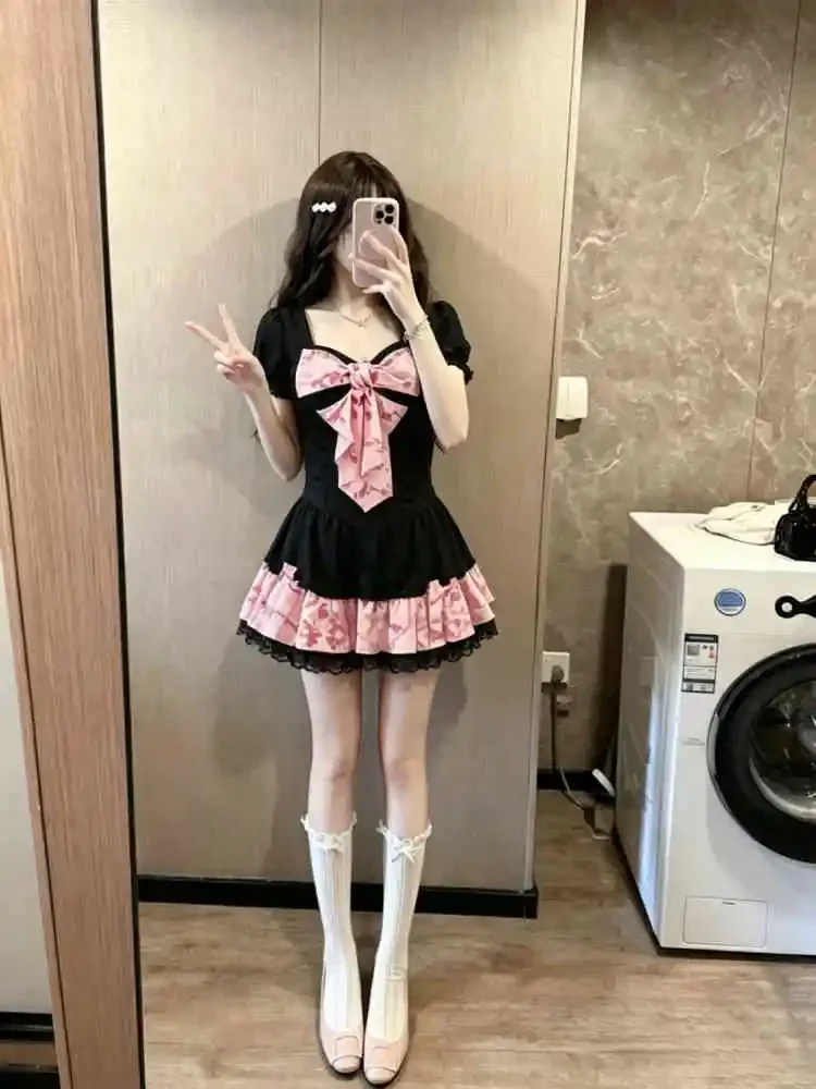 Japanese Vintage Goth Kawaii Floral Print Bow Puff Sleeve Lace Trim Metal Chain 2PCS Set Women Crop Top Mini Skirt Outfit image 3