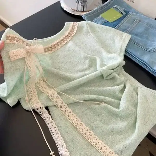 

Mint Green Lace Bow Knitted Short Sleeve T-Shirt Women Summer New Top
