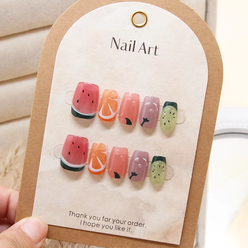 10Pcs Cat Eye Coffin Handmade Press On Nails Butterfly Glitter Diamond Cute Fruit with Glue Short Ballet Full Cover False Nails