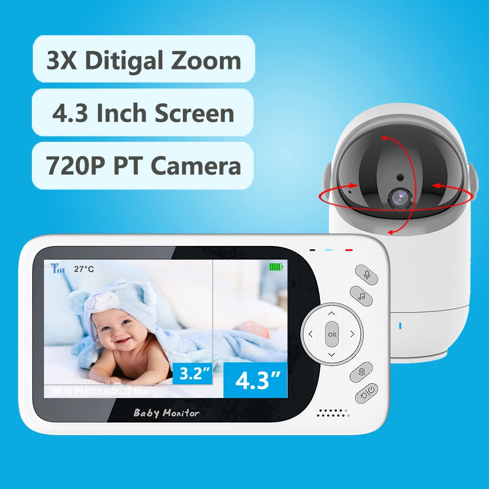 4.3 Inch Video Baby Monitor Camera 3X Digital Zoom Pan Tilt Security Camera Nanny Babysitter Two Way Intercom Auto Night Vision