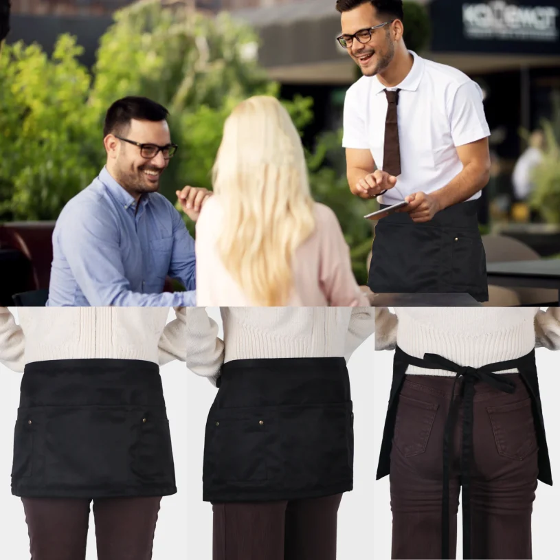 Server Apron with 5 Pockets - Rivet buckle Unisex Short/Half Waiter Waist Short Apron