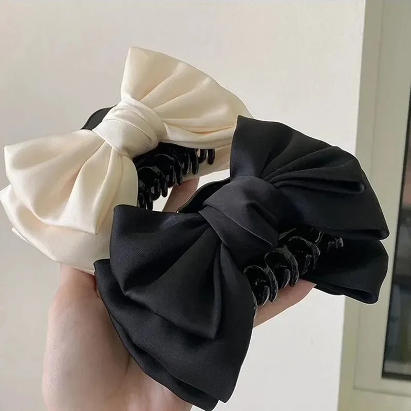 Elegant Women Bow Hair Claw Clips Double-sided Large Satin Shark Hair Claw Solid Bowknot Hairpins Barrettes Hair Accessories