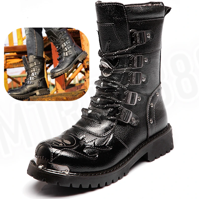 Retro High Boots for Men's and Women's Metal Motorcycle Boots Workwear Rock Thick Soled Boots Motorbike Racing Shoes