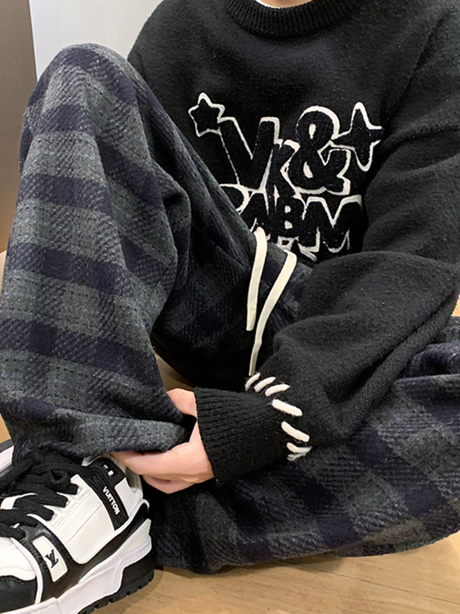 

Men's Casual Thiened Woolen Plaid Straight Leg Pants Autumn Winter Loose Fit Faionable Brand Vintage Large Size Trousers