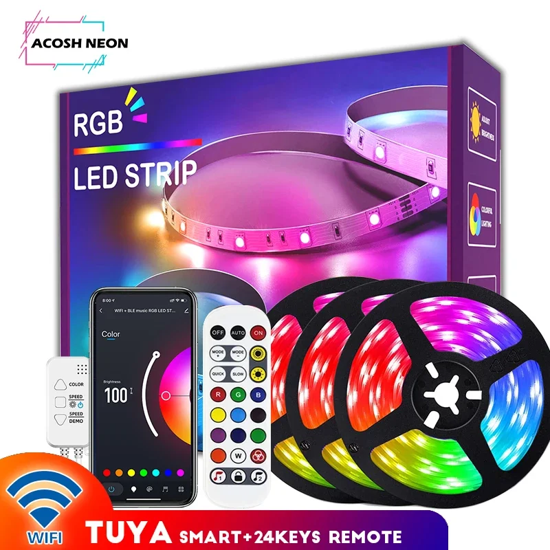 

Светодиодная лента RGB TUYA, гибкая Водонепроницаемая LED полоска с поддержкой Wi-Fi и Google Assistant, 5050SMD, для дома