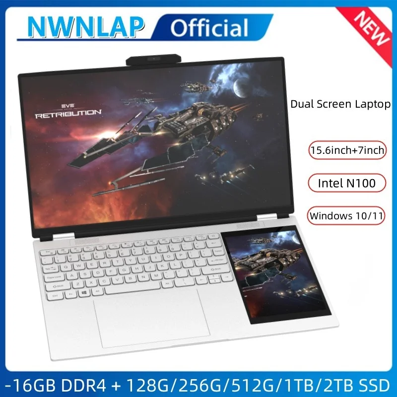 Nowości Podwójny ekran Laptop INTEL N100 16G DDR4 - 1TB SSD 15,6-calowy ekran IPS 2K + 7-calowy dotykowy komputer LCD Przenośny notebook