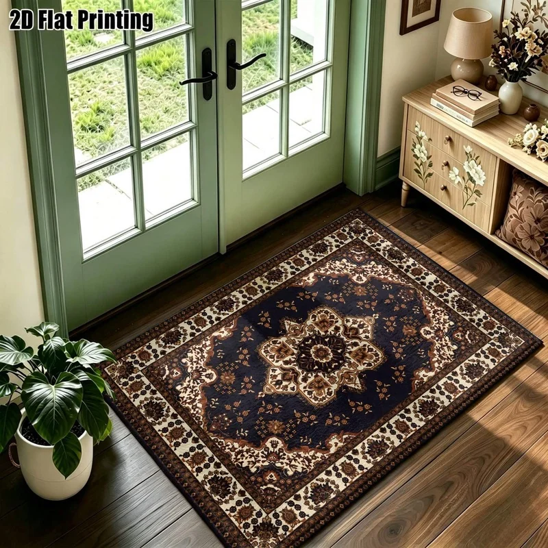 Large Indoor Area Rug, Soft Velvet Low Pile Machine Washable Oriental Medallion Area Rug, Navy Blue with Cream and Gold Floral Pattern, Traditional Persian Style for Living Room, Bedroom, Dining Room Decor