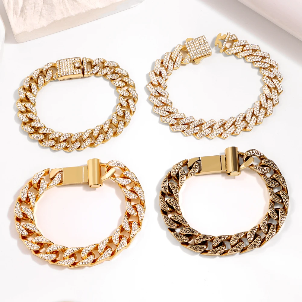 4PCS Luxury Cuban Chain Men Bracelet Set  Hip Hop Bling Full Rhinestone Miami Rhinestone Fashion Jewelry Gift 7/8/9inch